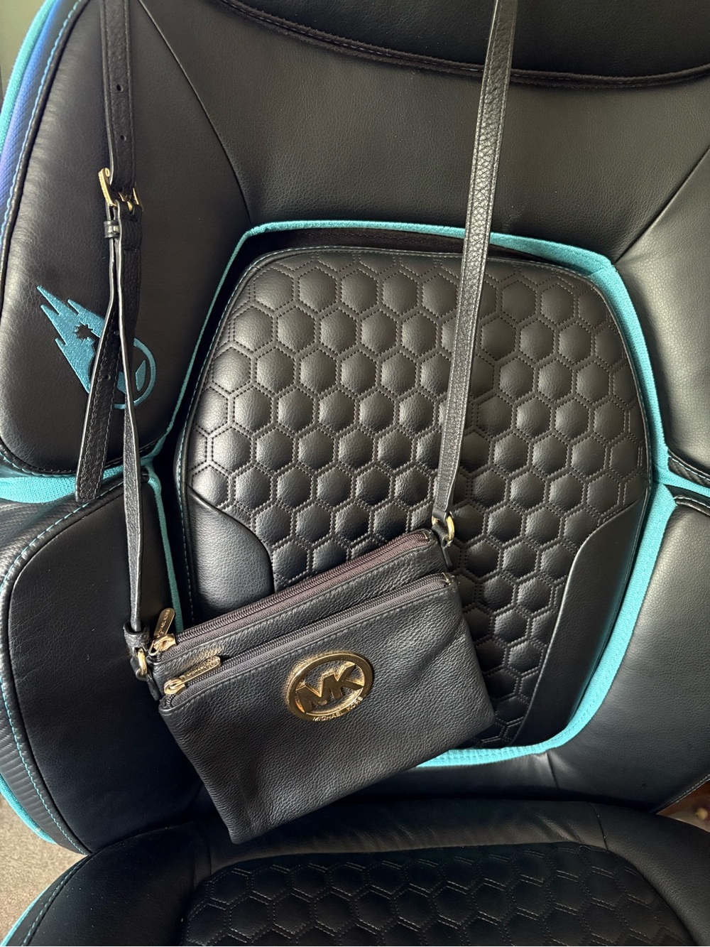 Michael Kors Black Leather Triple-Zip Crossbody with Gold MK Emblem